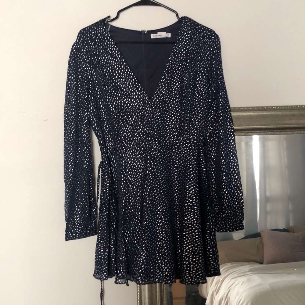 Petite Navy and silver polka dot mini dress